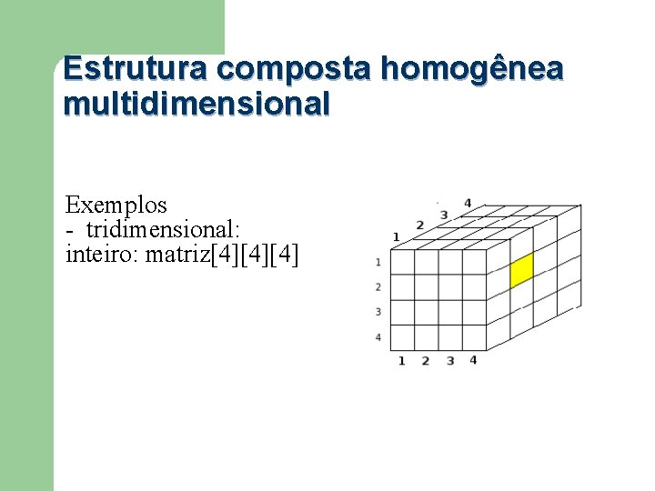 Estrutura composta homogênea multidimensional Exemplos - tridimensional: inteiro: matriz[4][4][4] 