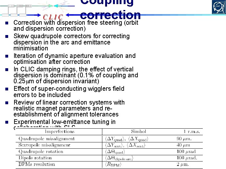 n n n n Coupling correction Correction with dispersion free steering (orbit and dispersion