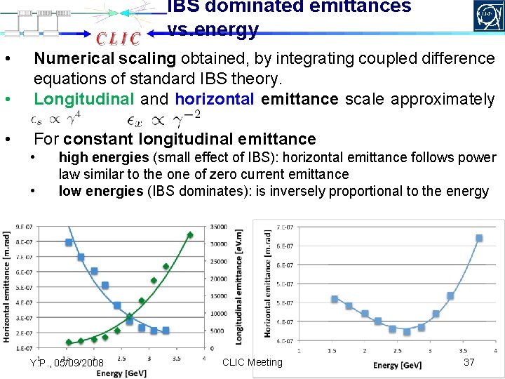 IBS dominated emittances vs. energy • • • Numerical scaling obtained, by integrating coupled