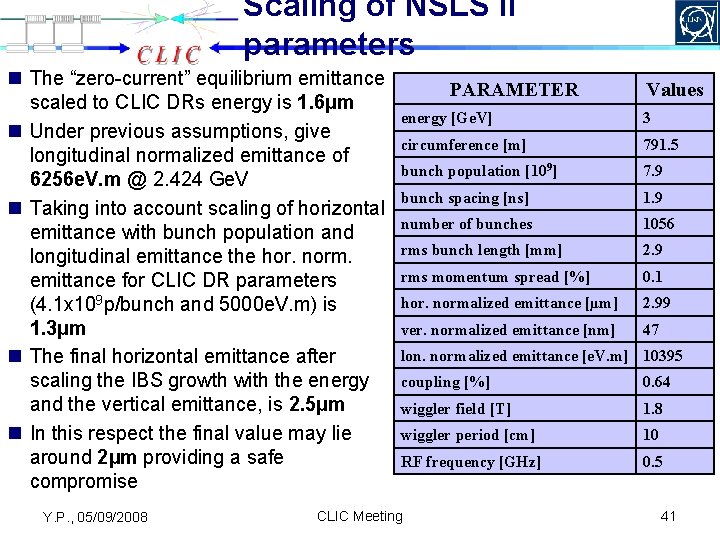 Scaling of NSLS II parameters n The “zero-current” equilibrium emittance scaled to CLIC DRs