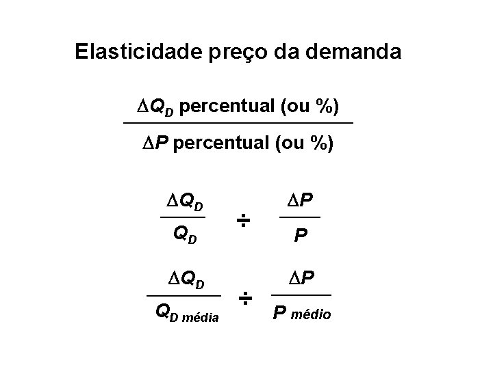 Elasticidade preço da demanda DQD percentual (ou %) DP percentual (ou %) DQD QD