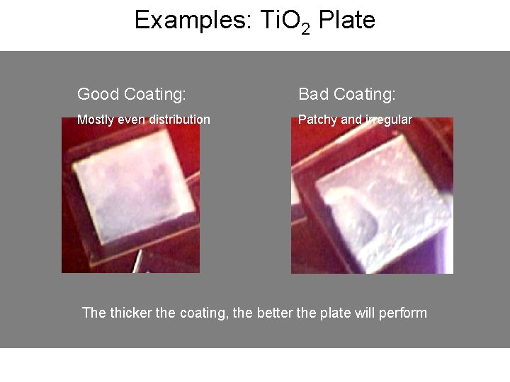 Examples: Ti. O 2 Plate Good Coating: Bad Coating: Mostly even distribution Patchy and