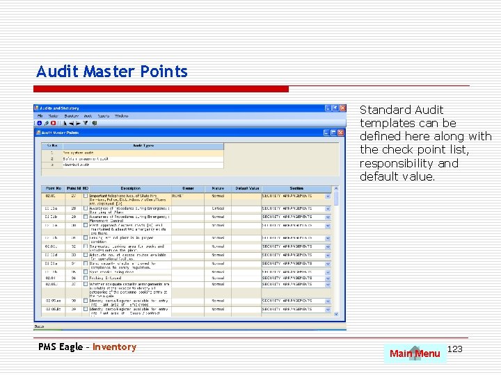 Audit Master Points Standard Audit templates can be defined here along with the check