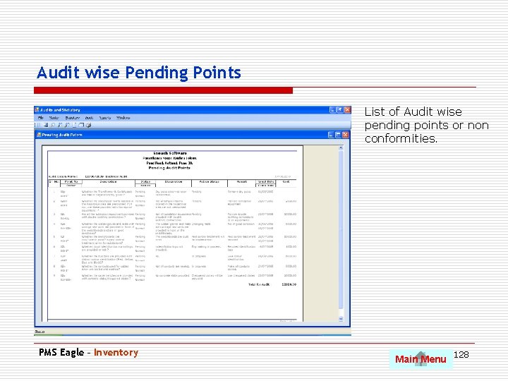 Audit wise Pending Points List of Audit wise pending points or non conformities. PMS