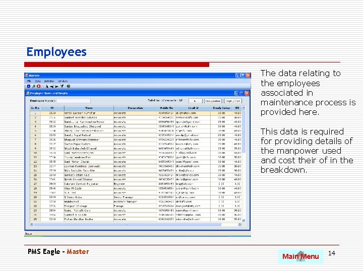 Employees The data relating to the employees associated in maintenance process is provided here.