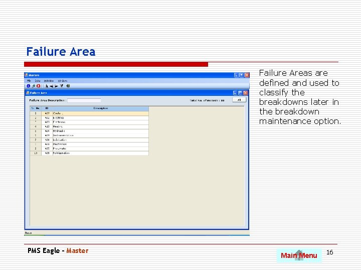 Failure Areas are defined and used to classify the breakdowns later in the breakdown
