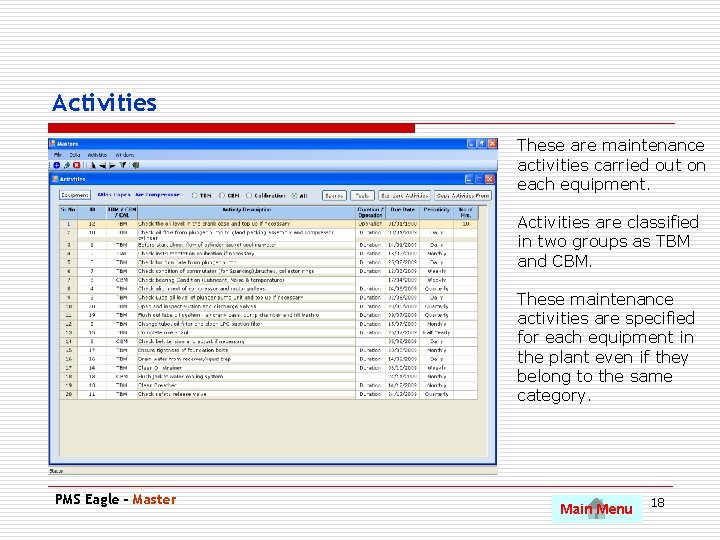 Activities These are maintenance activities carried out on each equipment. Activities are classified in