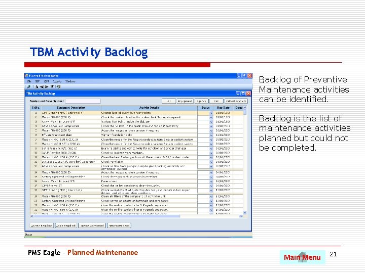 TBM Activity Backlog of Preventive. Maintenance activities can be identified. Backlog is the list