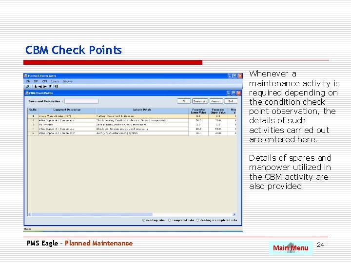 CBM Check Points Whenever a maintenance activity is required depending on the condition check