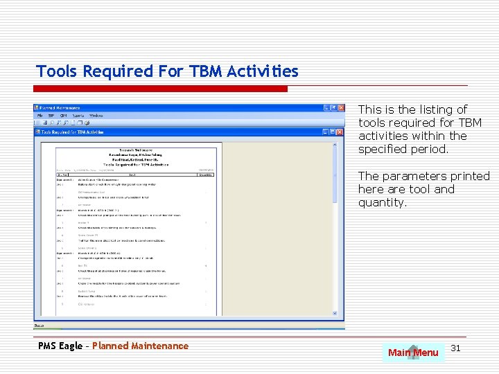 Tools Required For TBM Activities This is the listing of tools required for TBM