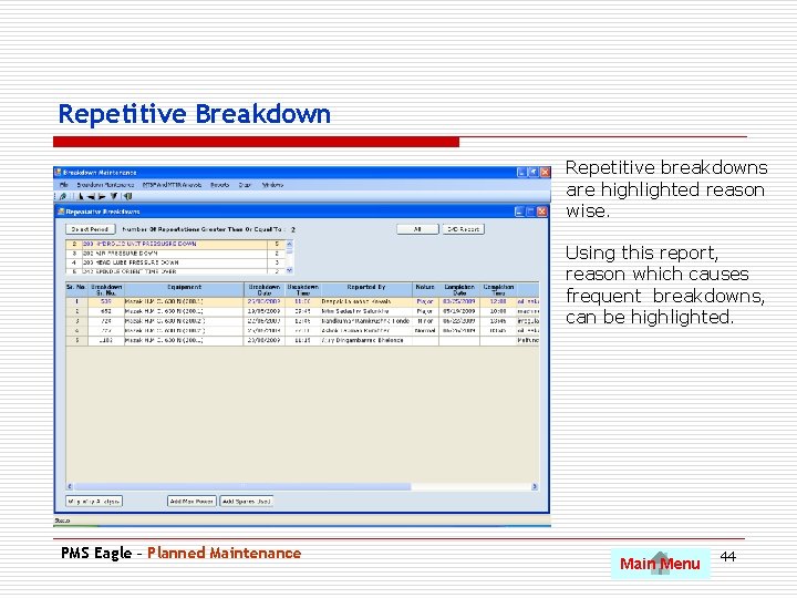 Repetitive Breakdown Repetitive breakdowns are highlighted reason wise. Using this report, reason which causes