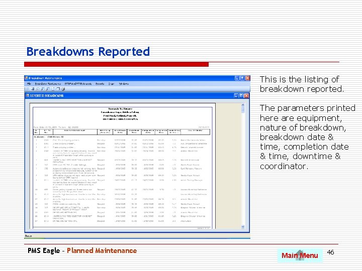 Breakdowns Reported This is the listing of breakdown reported. The parameters printed here are