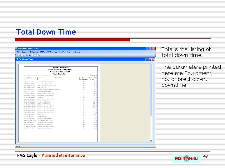 Total Down Time This is the listing of total down time. The parameters printed
