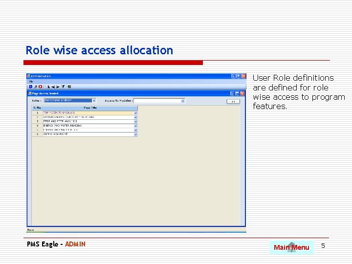 Role wise access allocation User Role definitions are defined for role wise access to