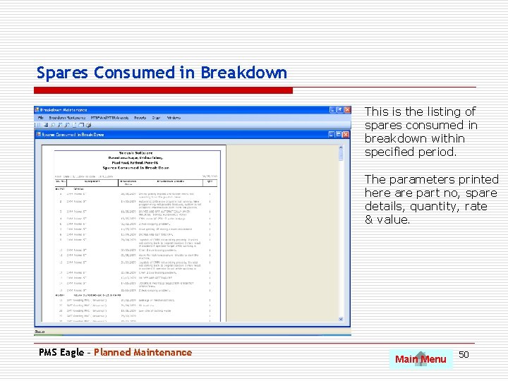 Spares Consumed in Breakdown This is the listing of spares consumed in breakdown within