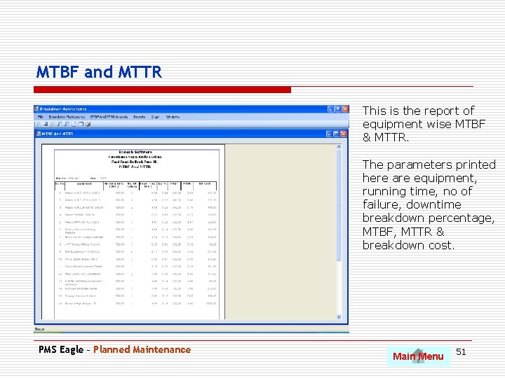 MTBF and MTTR This is the report of equipment wise MTBF & MTTR. The