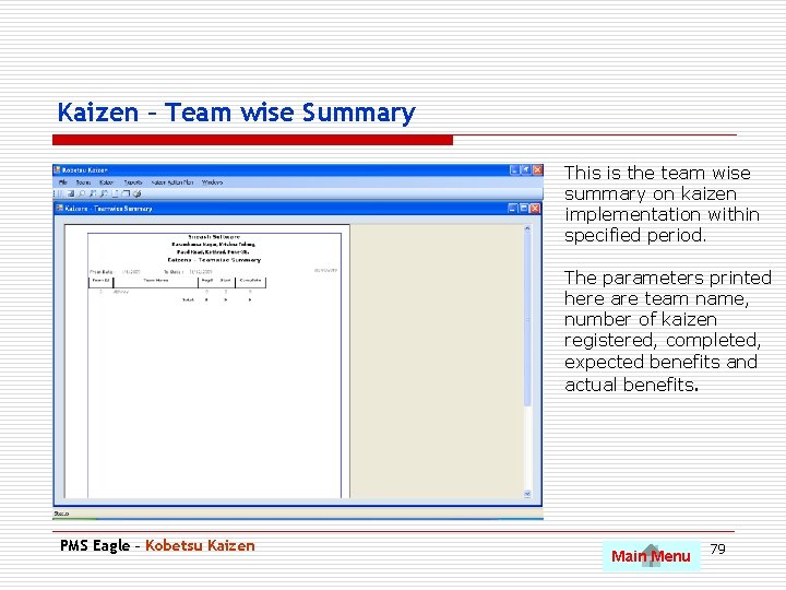 Kaizen – Team wise Summary This is the team wise summary on kaizen implementation