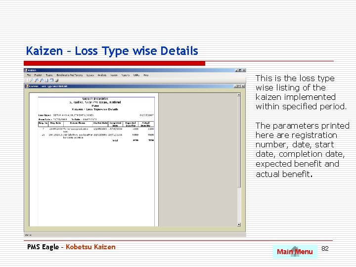 Kaizen – Loss Type wise Details This is the loss type wise listing of