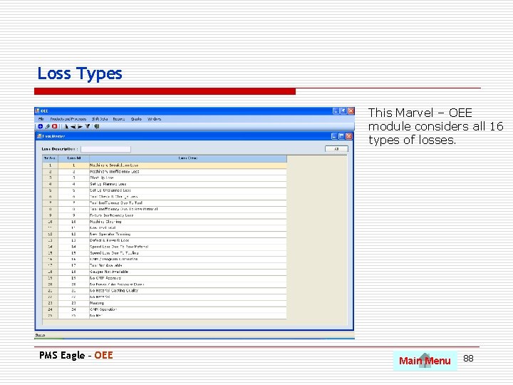 Loss Types This Marvel – OEE module considers all 16 types of losses. PMS