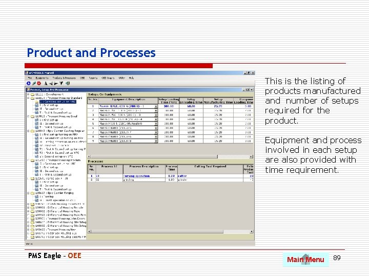 Product and Processes This is the listing of products manufactured and number of setups