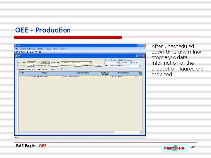 OEE - Production After unscheduled down time and minor stoppages data, information of the