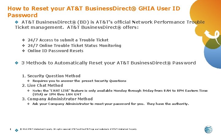 How to Reset your AT&T Business. Direct® GHIA User ID Password v AT&T Business.