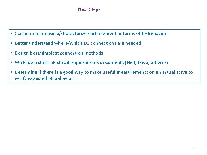 Next Steps • Continue to measure/characterize each element in terms of RF behavior •