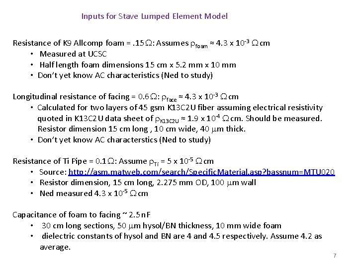 Inputs for Stave Lumped Element Model Resistance of K 9 Allcomp foam =. 15