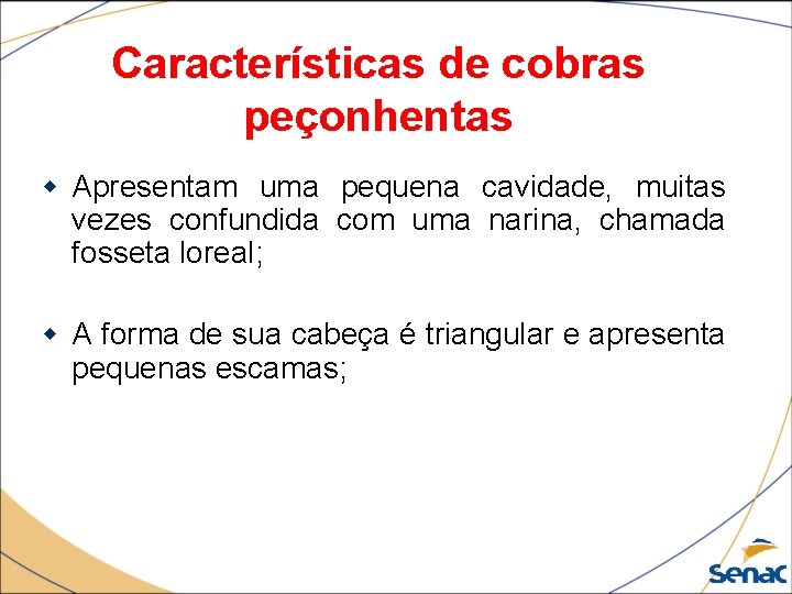 Características de cobras peçonhentas Apresentam uma pequena cavidade, muitas vezes confundida com uma narina,