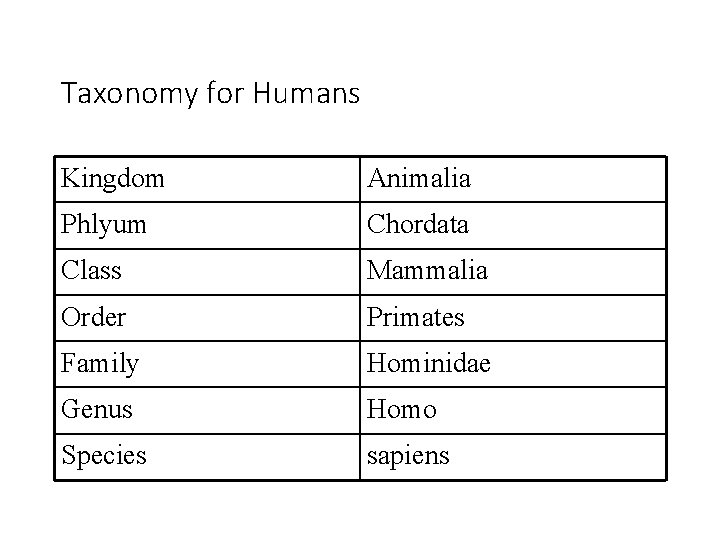Taxonomy for Humans Kingdom Animalia Phlyum Chordata Class Mammalia Order Primates Family Hominidae Genus