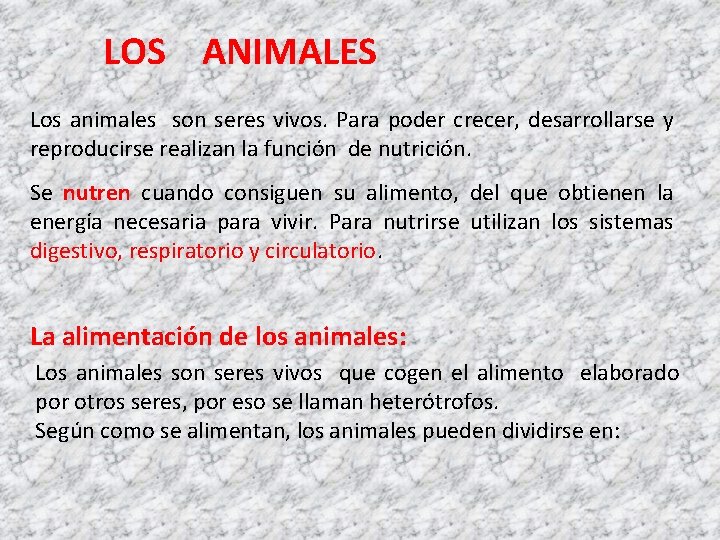LOS ANIMALES Los animales son seres vivos. Para poder crecer, desarrollarse y reproducirse realizan