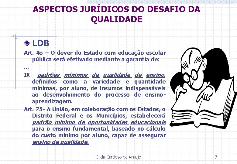 ASPECTOS JURÍDICOS DO DESAFIO DA QUALIDADE LDB Art. 4 o – O dever do