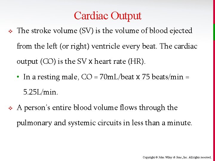 Cardiac Output v The stroke volume (SV) is the volume of blood ejected from