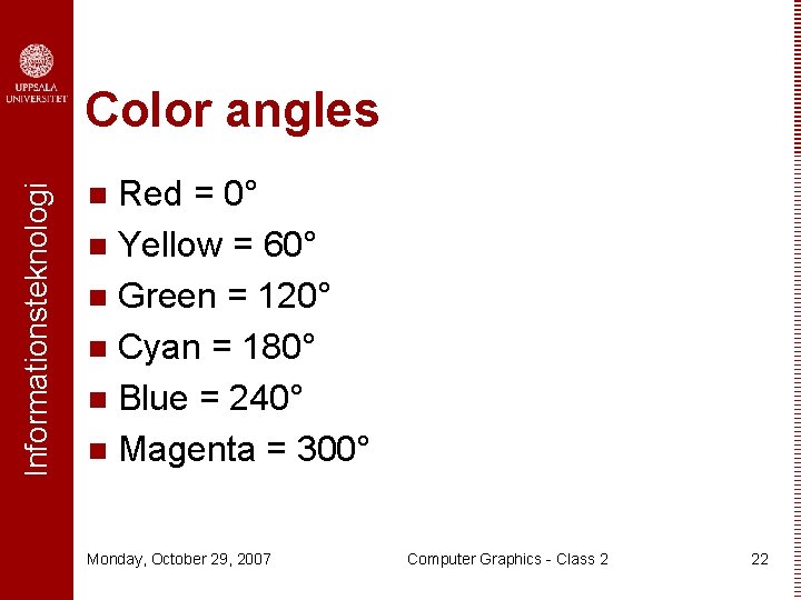 Informationsteknologi Color angles Red = 0° n Yellow = 60° n Green = 120°