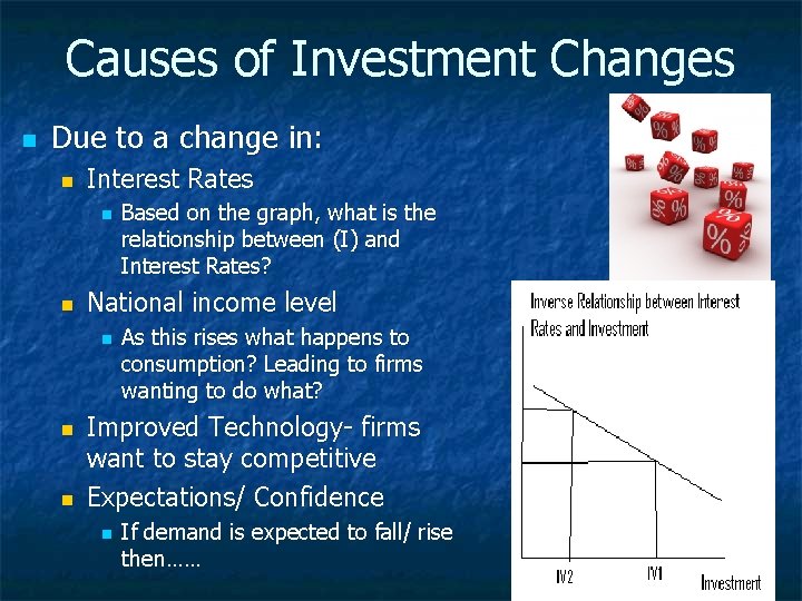 Causes of Investment Changes n Due to a change in: n Interest Rates n