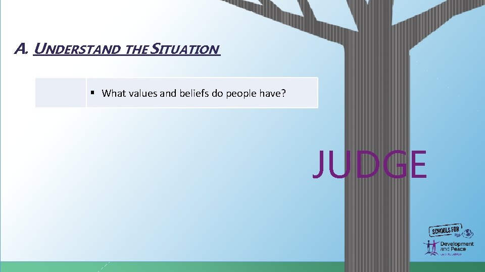 A. UNDERSTAND THE SITUATION § What values and beliefs do people have? JUDGE A. UNDERSTAND THE SITUATION § What values and beliefs do people have? JUDGE