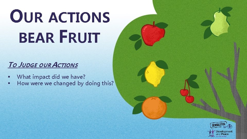 OUR ACTIONS BEAR FRUIT TO JUDGE OUR ACTIONS § § What impact did we