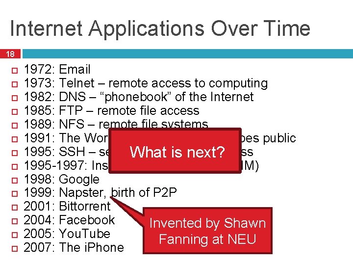 Internet Applications Over Time 18 1972: Email 1973: Telnet – remote access to computing