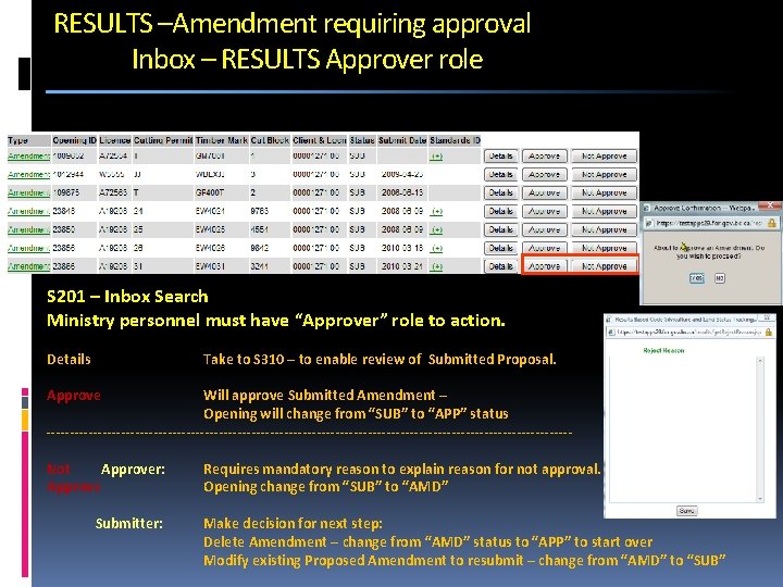 RESULTS –Amendment requiring approval Inbox – RESULTS Approver role S 201 – Inbox Search