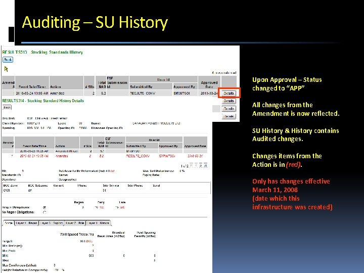 Auditing – SU History Upon Approval – Status changed to “APP” All changes from