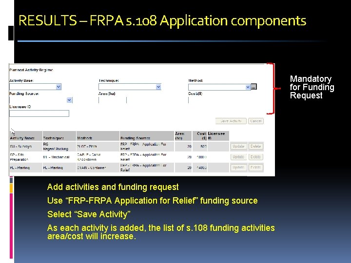 RESULTS – FRPA s. 108 Application components Mandatory for Funding Request Add activities and