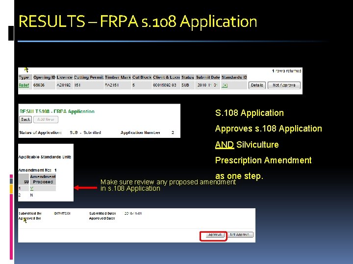 RESULTS – FRPA s. 108 Application S. 108 Application Approves s. 108 Application AND