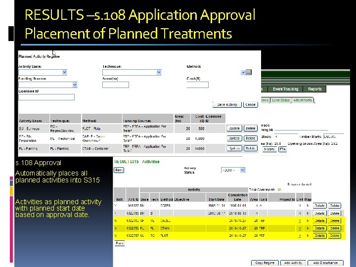 RESULTS –s. 108 Application Approval Placement of Planned Treatments s. 108 Approval Automatically places