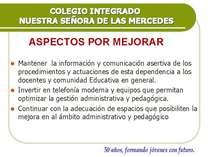 COLEGIO INTEGRADO NUESTRA SEÑORA DE LAS MERCEDES ASPECTOS POR MEJORAR Mantener la información y