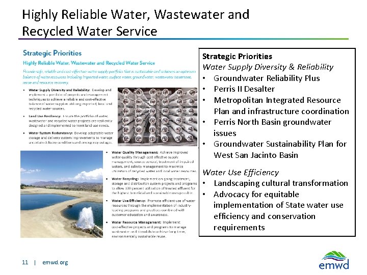 Highly Reliable Water, Wastewater and Recycled Water Service Strategic Priorities Water Supply Diversity &