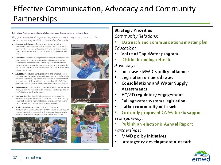 Effective Communication, Advocacy and Community Partnerships Strategic Priorities Community Relations: • Outreach and communications
