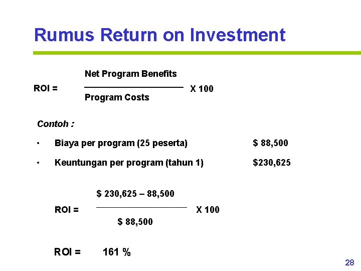 Rumus Return on Investment Net Program Benefits ROI = Program Costs X 100 Contoh