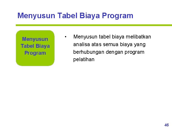 Menyusun Tabel Biaya Program • Menyusun tabel biaya melibatkan analisa atas semua biaya yang