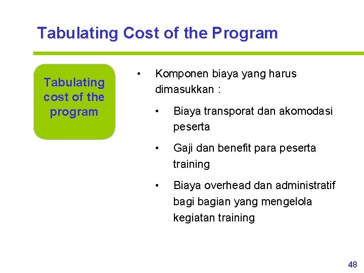 Tabulating Cost of the Program Tabulating cost of the program • Komponen biaya yang