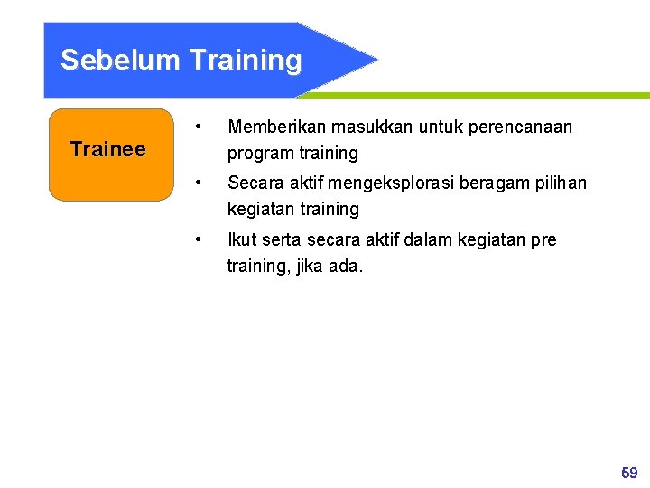 Sebelum Training • Memberikan masukkan untuk perencanaan program training • Secara aktif mengeksplorasi beragam